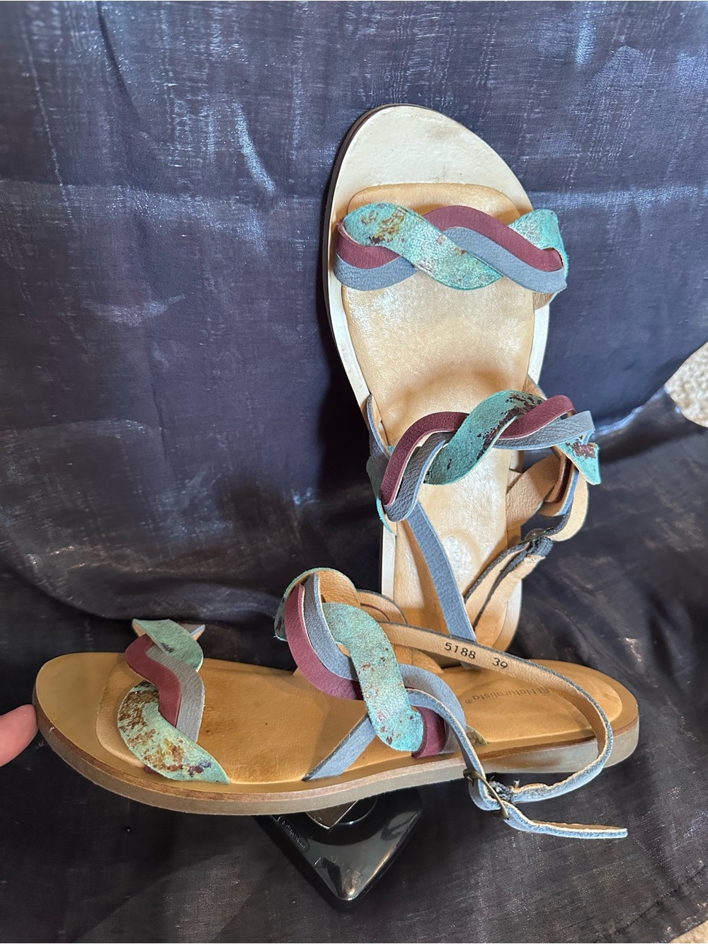 El Naturalista Multicolor Braided leather Strap Sandals 8.5 Turquoise Mauve Blue